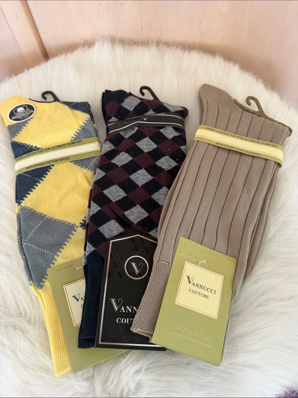 Vannucci Couture Men’s Dress Socks - Yellow Argyle, Black Argyle, Taupe 3 pairs